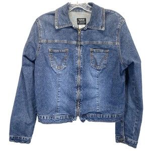 NISSI Women's Denim Trucker Jacket Size XL Zipper Cropped Y2K Blue Biker Vintage